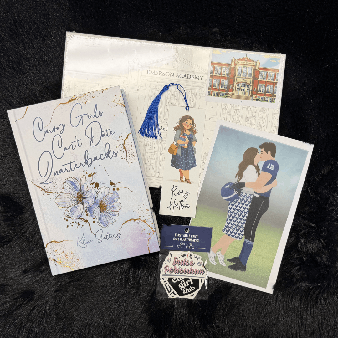 a special hard cover edition of Curvy Girls Can't Date Quarterbacks by Kelsie Stelting sits next to pieces of character art, an image of Emerson Academy, a bookmark, stickers and a note from the author