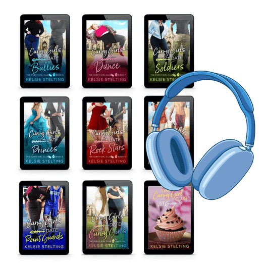 9 audiobook books by Kelsie Stelting: Curvy Girls Can't Date Bullies, Curvy Girls Can't Dance, Curvy Girls Can't Date Soldiers, Curvy Girls Can't Date Princes, Curvy Girls Can't Date Rock Stars, Curvy Girls Can't Date Surfers, Curvy Girls Can't Date Point guards, Curvy Girls Can't Date Curvy Girls, and Curvy Girl Club: All Grown Up