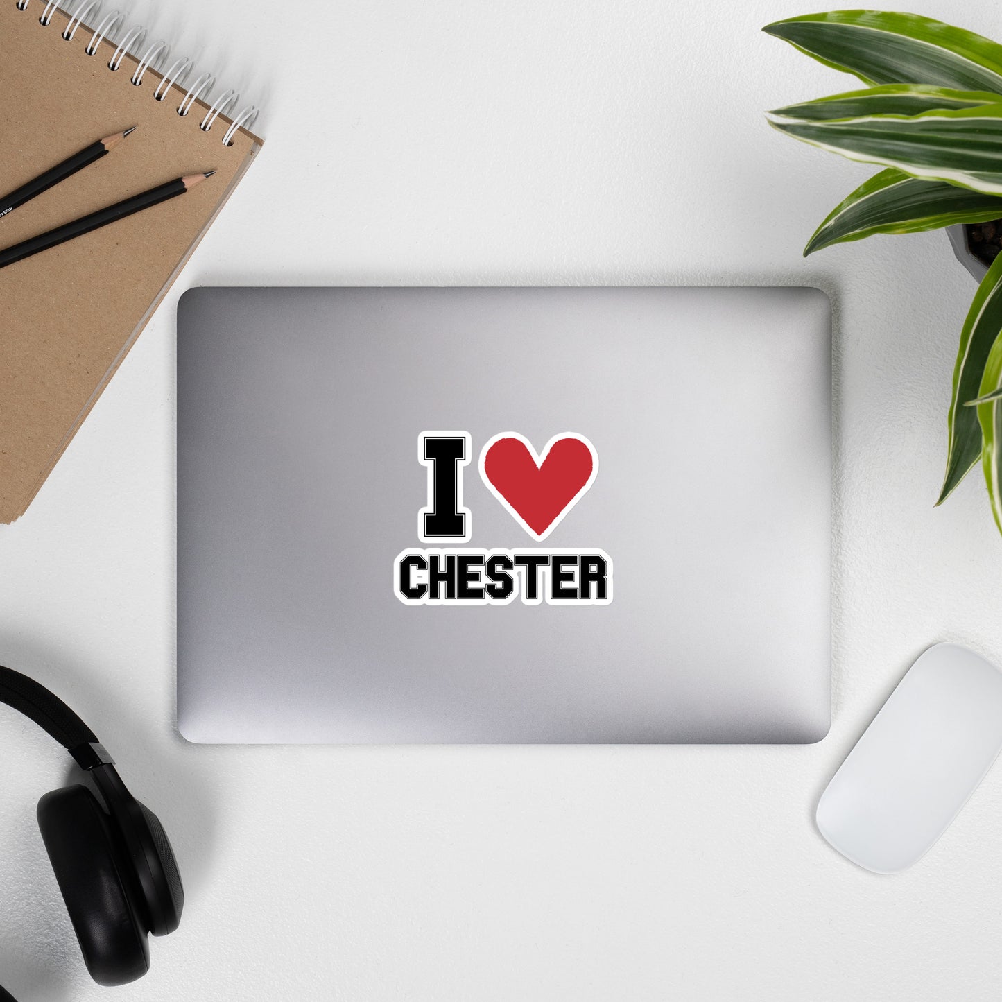 An "I Heart Chester" Sticker with a large red heart, displayed on a laptop 5.5 x 5.5 inches