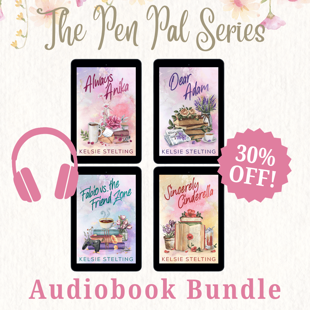 The Pen Pal Series by Author Kelsie Stelting, Audiobook Bundle. The image shows 4 audiobooks that are 30% off and are pictured next to a pink pair of headphones. The books are Always Anika, Dear Adam, Fabio vs. the Friend Zone and Sincerely Cinderella