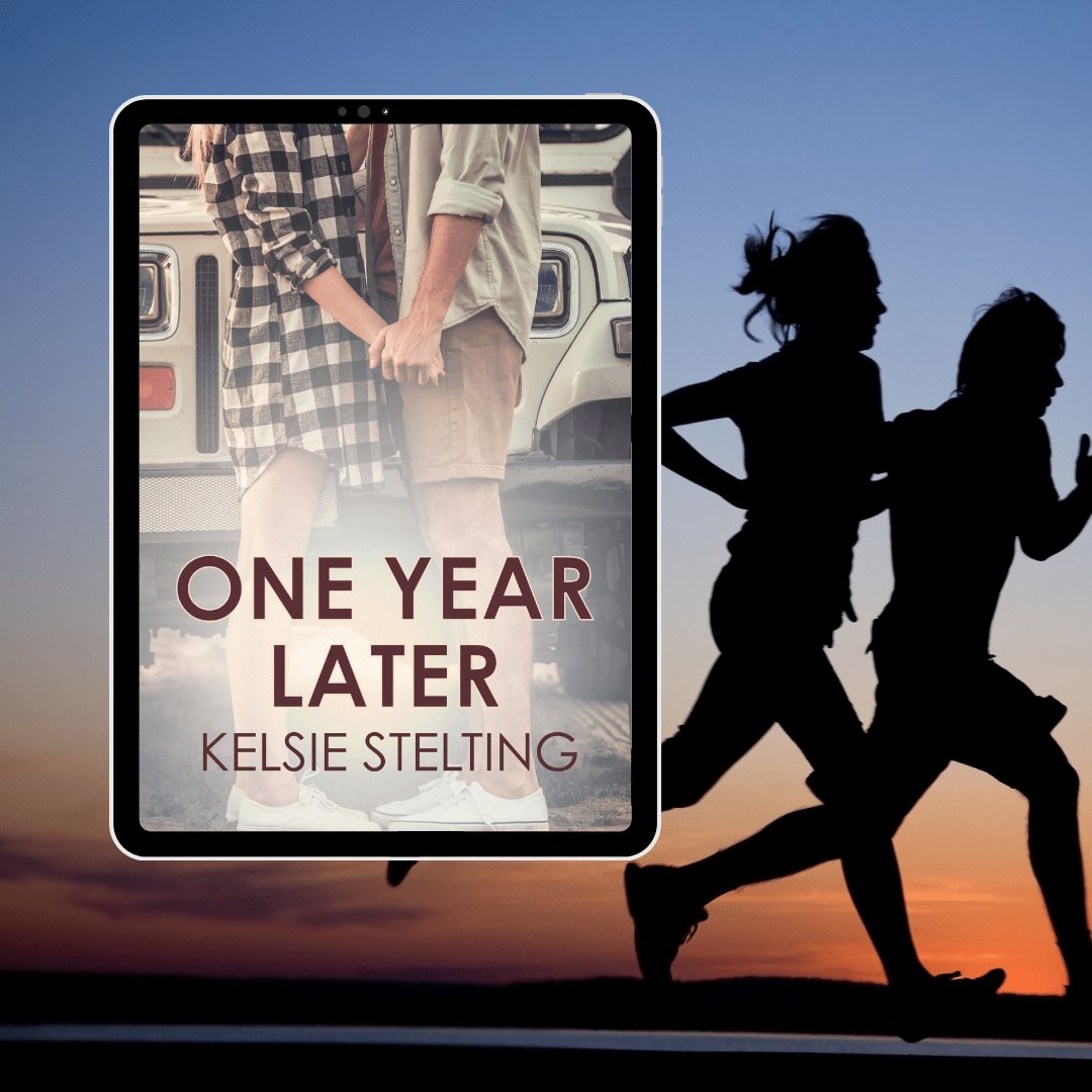 A digital copy of One Year Later by Kelsie Stelting, showing a couple holding hands on the cover and two figures running behind the eBook