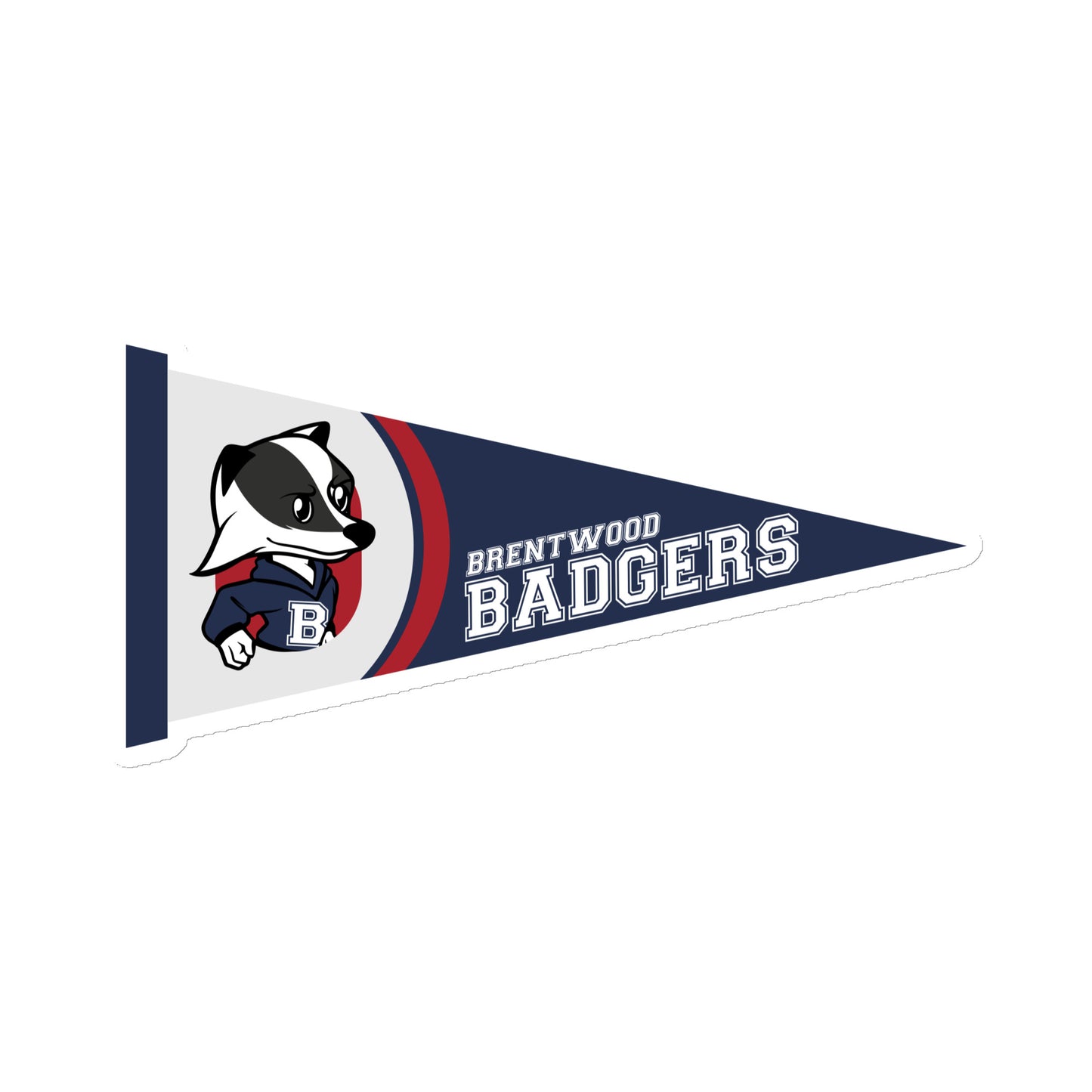 A triangular flag depicting a badger, with blue and red design and the words Brentwood Badgers