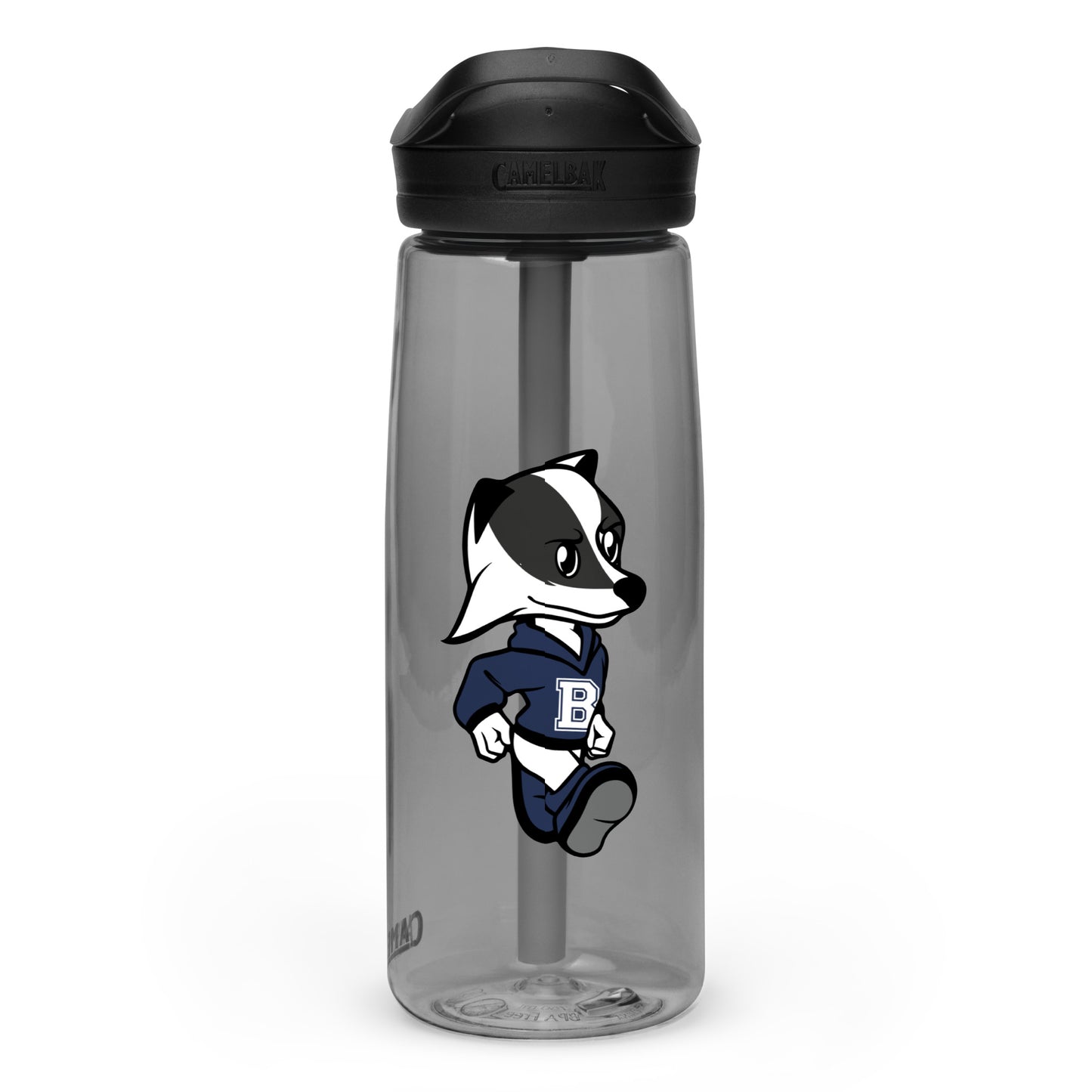 a charcoal water bottle with the Brentwood Badgers mascot logo
