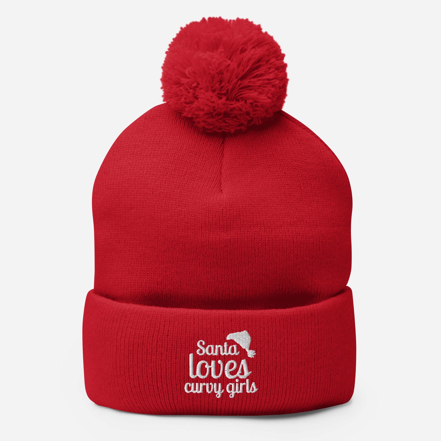 a red stocking hat with the Santa Loves Curvy Girls Logo, the words topped with a santa hat