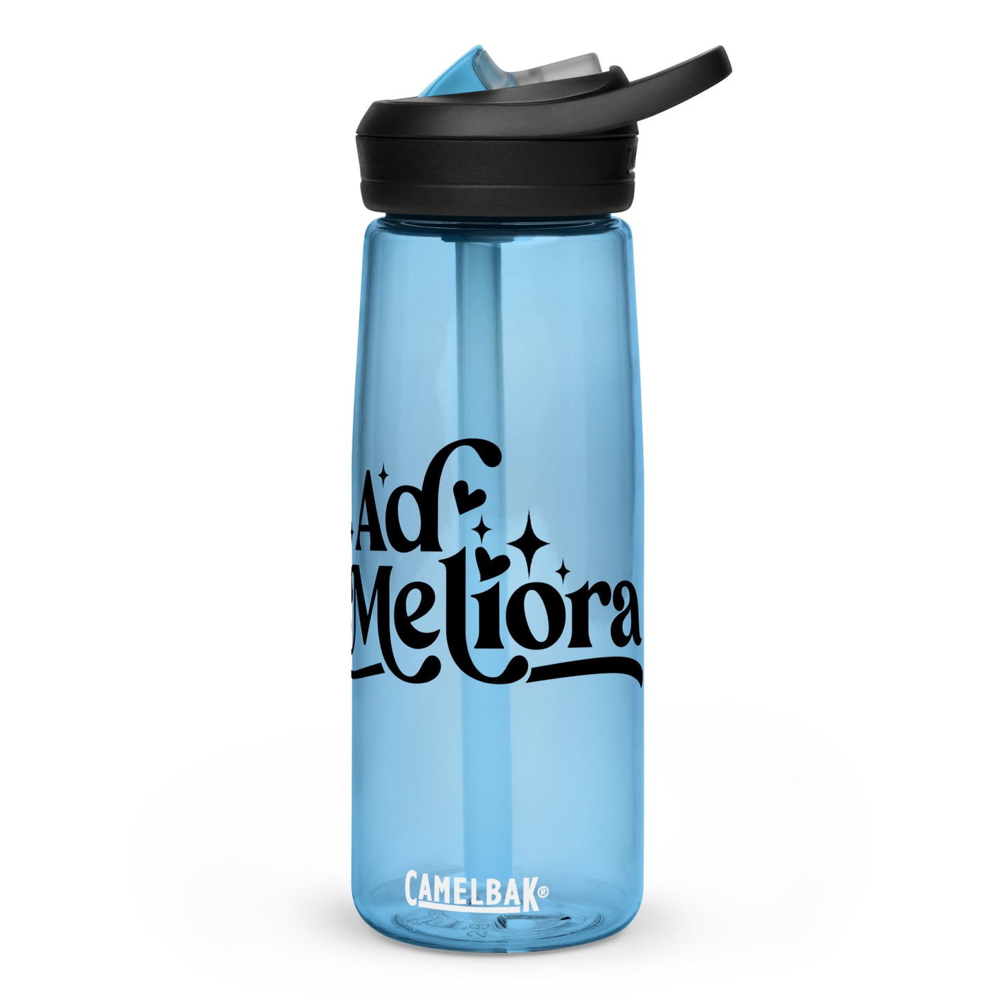 a blue water bottle that reads Ad Meliora in large letters