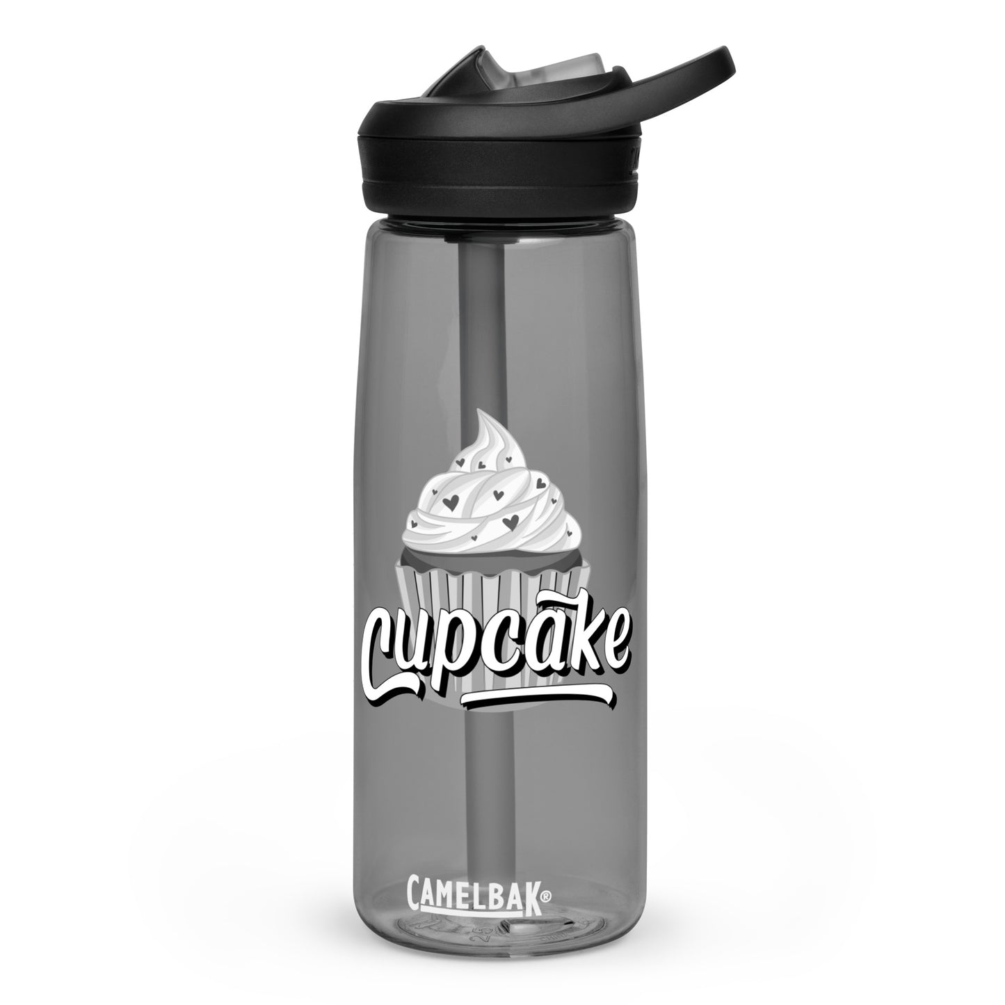a charcoal-colored water bottle with a cupcake design and the word cupcake printed over the design