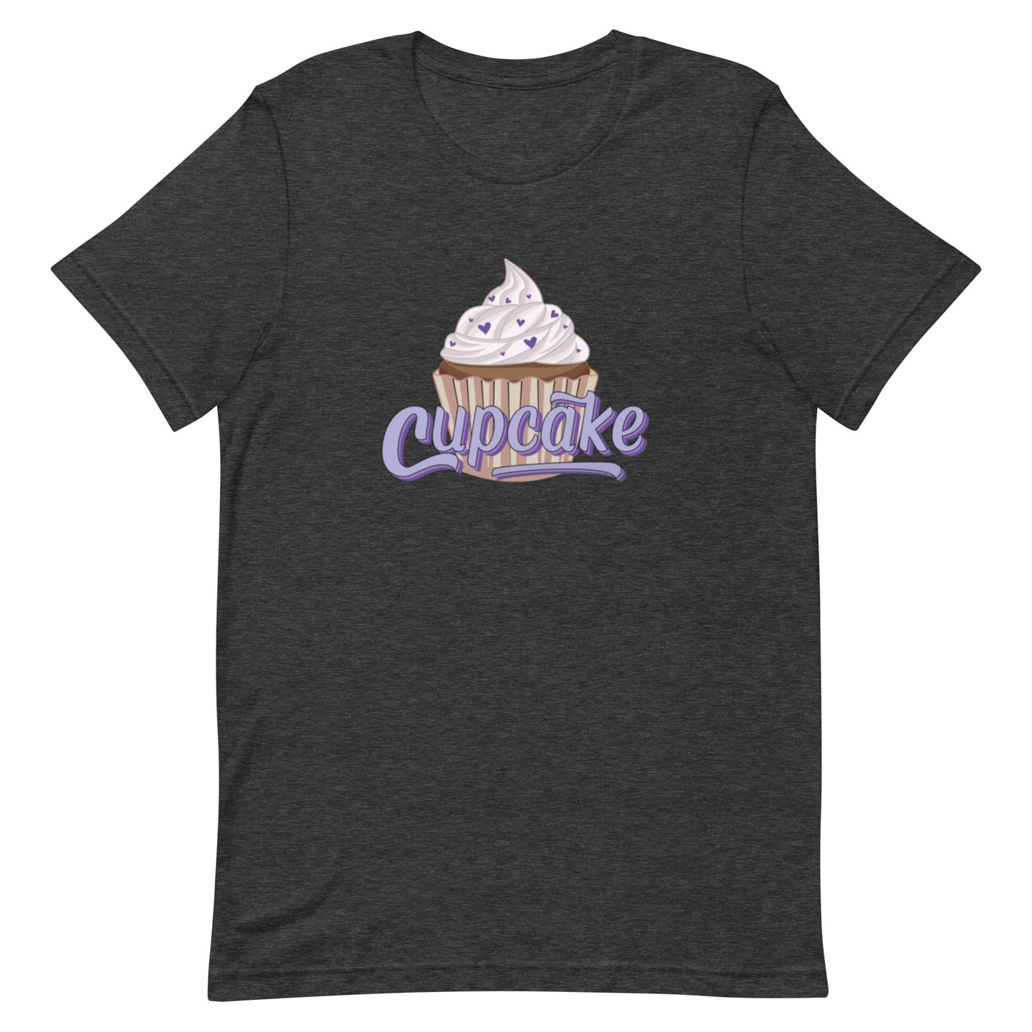 "Cupcake" Printed over a cupcake design, printed on a dark grey t-shirt