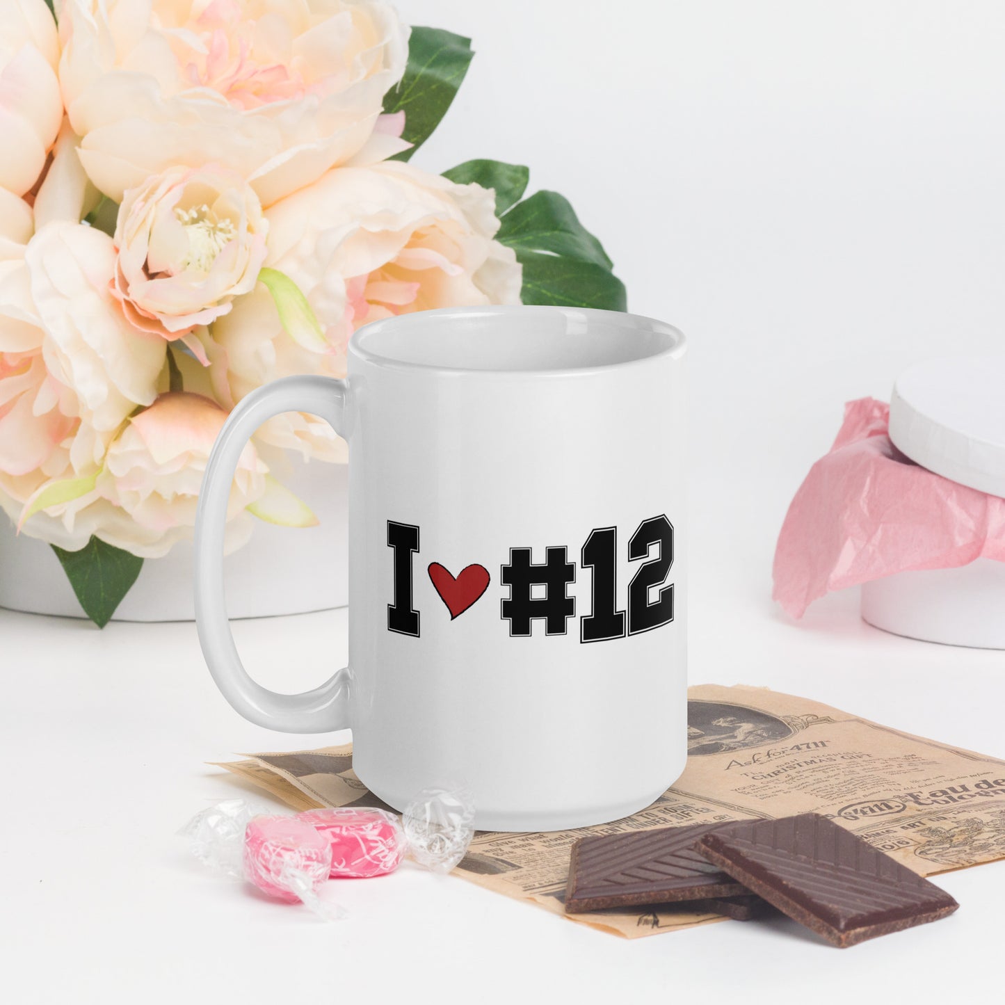 I Heart #12 On a white coffee mug 