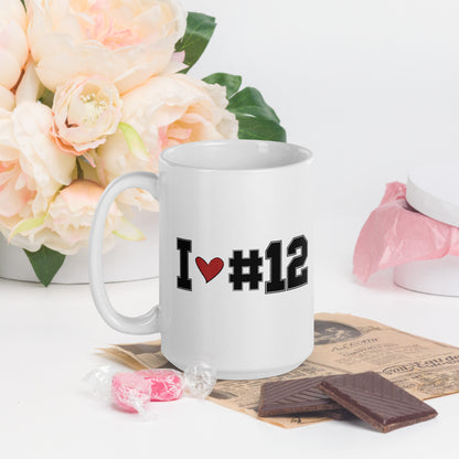 I Heart #12 On a white coffee mug 
