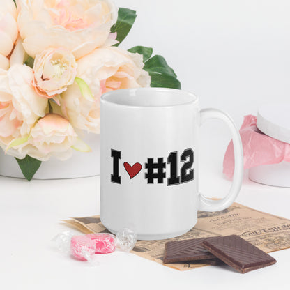 I Heart #12 On a white coffee mug 