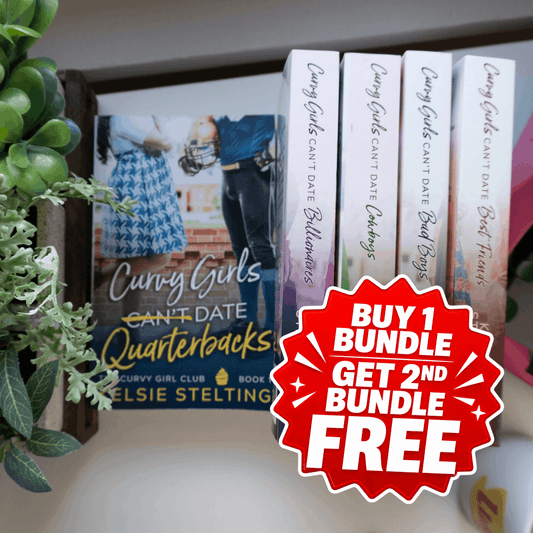 5 paperback books by Kelsie Stelting: Curvy Girls Can't Date Quarterbacks, Curvy Girls Can't Date Billionaires, Curvy Girls Can't Date Cowboys, Curvy Girls Can't Date Bad Boys, and Curvy Girls Can't Date Best Friends, a large red sticker reads "Buy 1 Bundle, get 2nd Bundle FREE" 