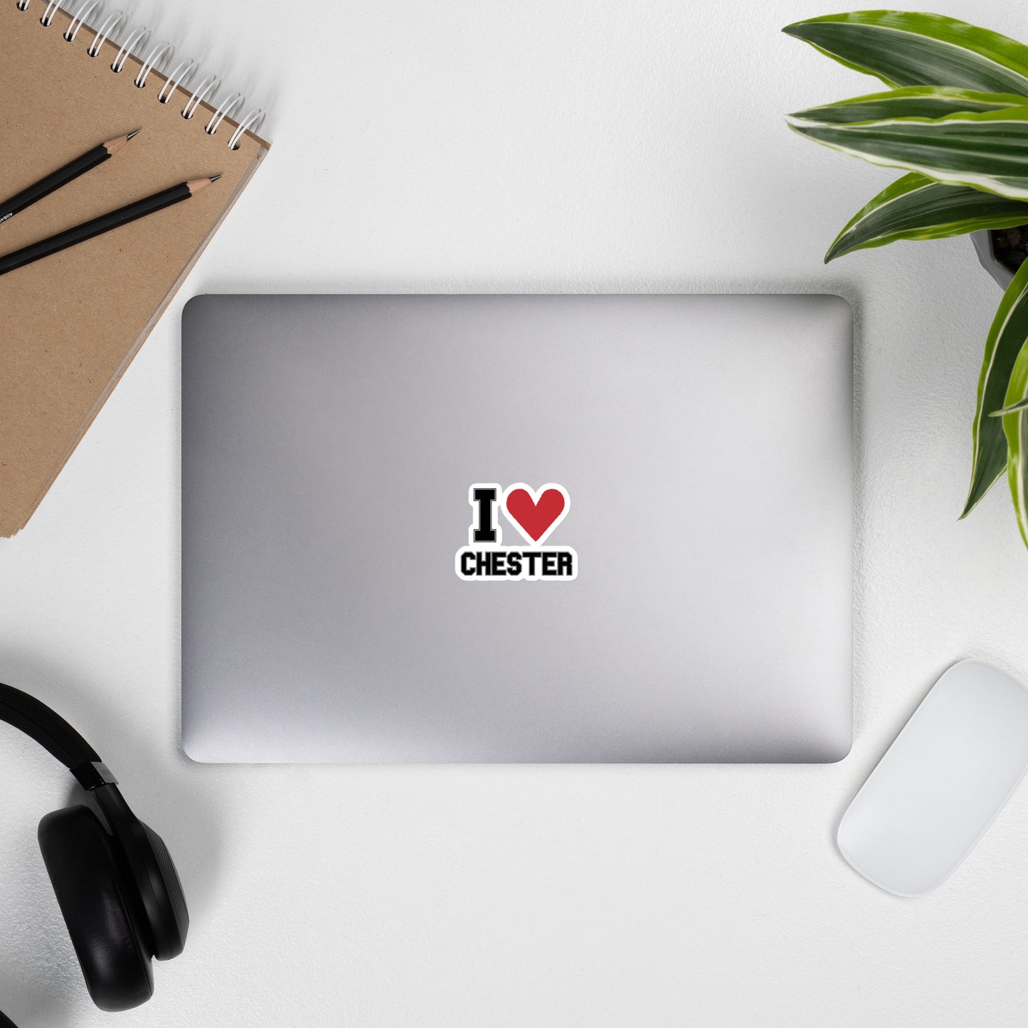 An "I Heart Chester" Sticker with a large red heart, displayed on a laptop 3x3 inches