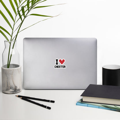 An "I Heart Chester" Sticker with a large red heart, displayed on a laptop 3x3 inches