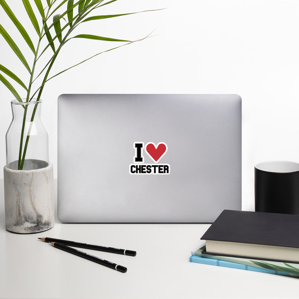An "I Heart Chester" Sticker with a large red heart, displayed on a laptop 4x4 inches