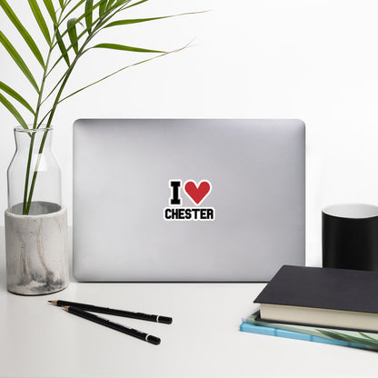 An "I Heart Chester" Sticker with a large red heart, displayed on a laptop 4x4 inches