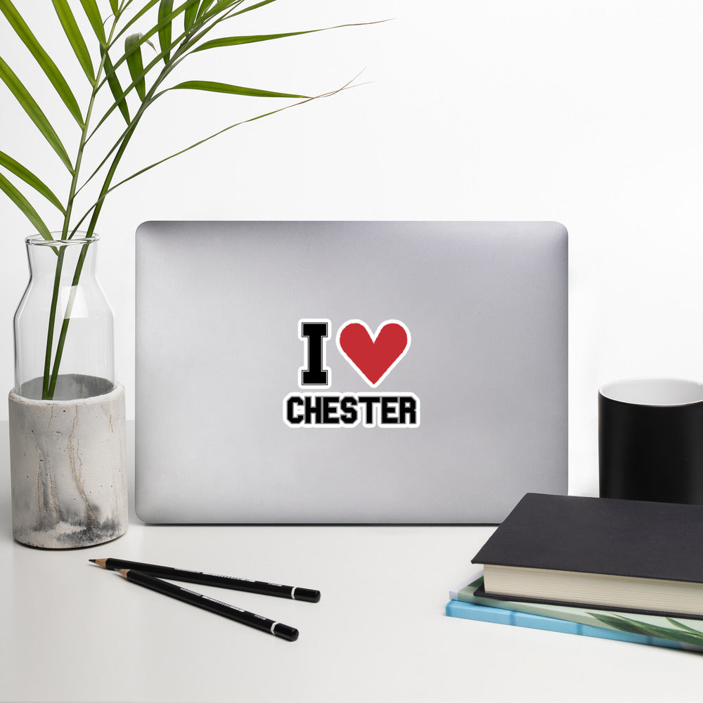 An "I Heart Chester" Sticker with a large red heart, displayed on a laptop 5.5 x 5.5 inches
