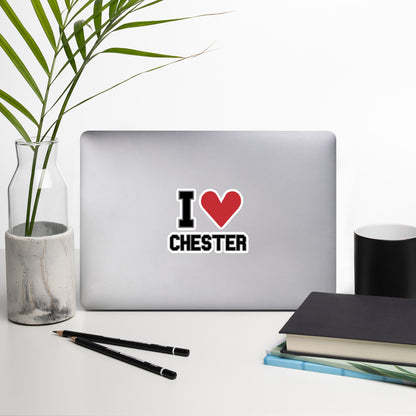 An "I Heart Chester" Sticker with a large red heart, displayed on a laptop 5.5 x 5.5 inches