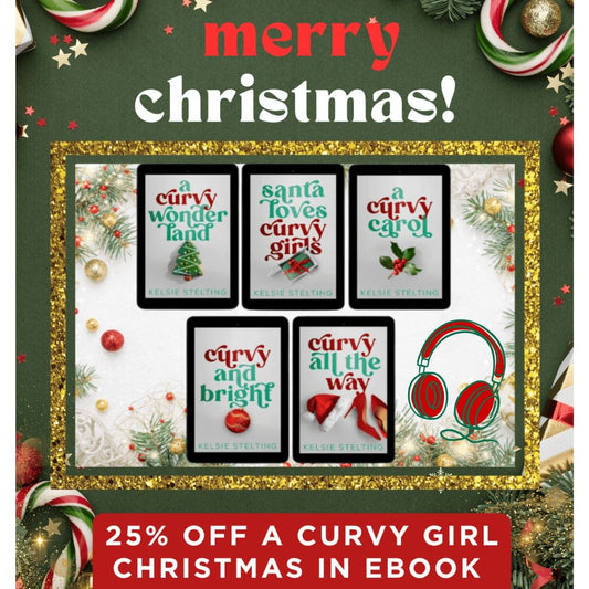 Five eBook covers are framed by golden frills on a green Christmas themed background.. There is also a pair of red headphones next to them. Above the books is text that reads Merry Christmas! in red and white text. Below on a red banner, in white text reads 25% Off a Curvy Girl Christmas In ebook. The books titles are A Curvy Wonderland, Santa Loves Curvy Girls, A Curvy Carol, Curvy and Bright and Curvy All the Way