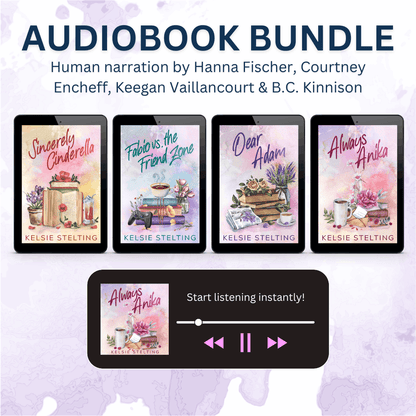 Promotional graphic for the audiobook "Always Anika" by Kelsie Stelting. The physical paperbacks feature pink floral-sprayed edges. The highlighted tropes are Military Hero, Small Town, YA Romance, and Pen Pals.