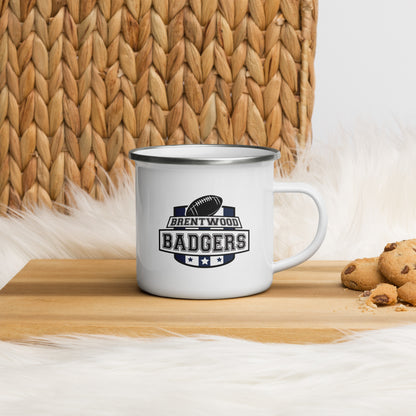 A white enamel mug with the Brentwood Badgers logo. The Brentwood Badgers Logo is a school crest prominently featuring a football and the words Brentwood Badgers in large block text.