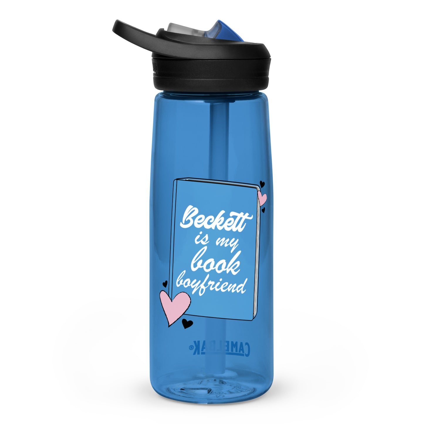 An oxford blue water bottle with the Beckett logo. The Beckett Logo is a blue book with the words Beckett is my book Boyfriend in cursive, with hearts around the book. 