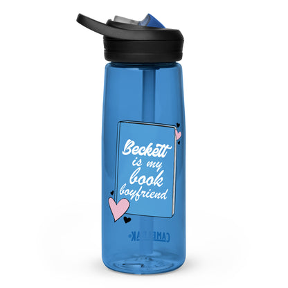 An oxford blue water bottle with the Beckett logo. The Beckett Logo is a blue book with the words Beckett is my book Boyfriend in cursive, with hearts around the book. 