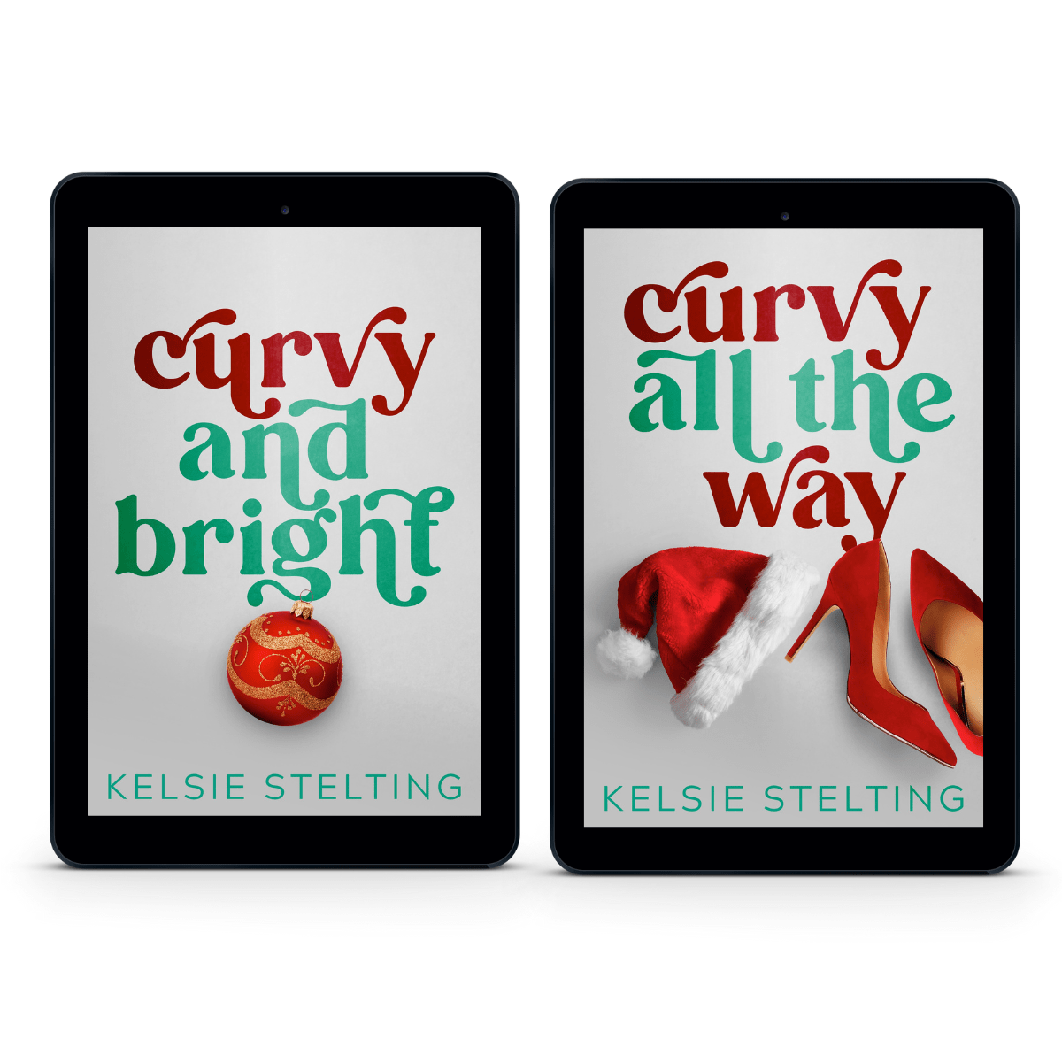 Two eBook covers; one is titled Curvy and Bright by Kelsie Stelting and has a Christmas Ornament on the cover. The other is Curvy all the Way by Kelsie Stelting and has a Santa hat and red heels on the cover