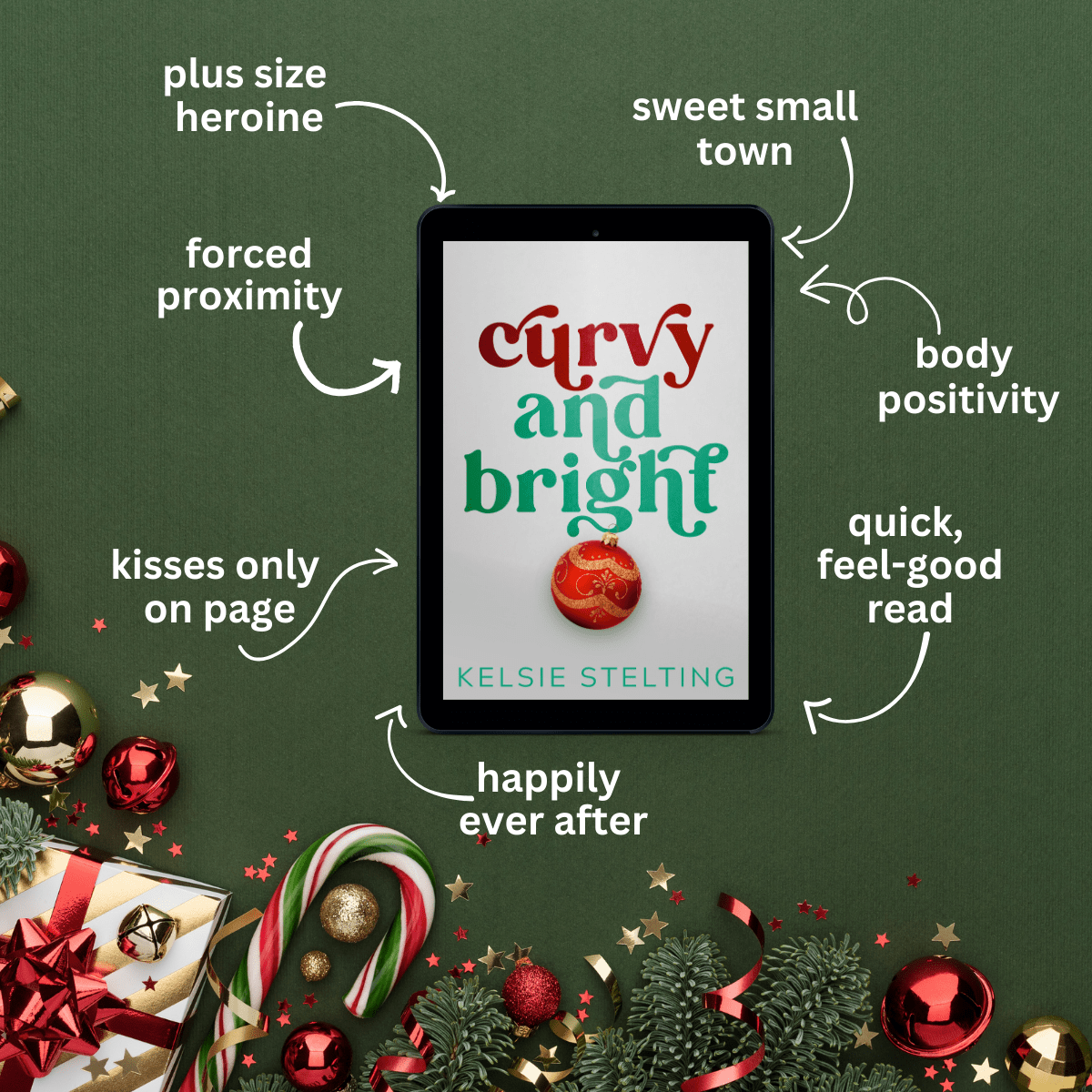 An ebook sits on a green background with christmas decorations at the bottom of the image. The book is titled Curvy and Bright by Kelsie Stelting and features a christmas ornament as cover art. Several arrows point to the ebook, listing key features of the ebook. Which are: plus size heroine, body positivity, sweet small town, quick, feel-good read, happily ever after, kisses only on page, forced proximity, 