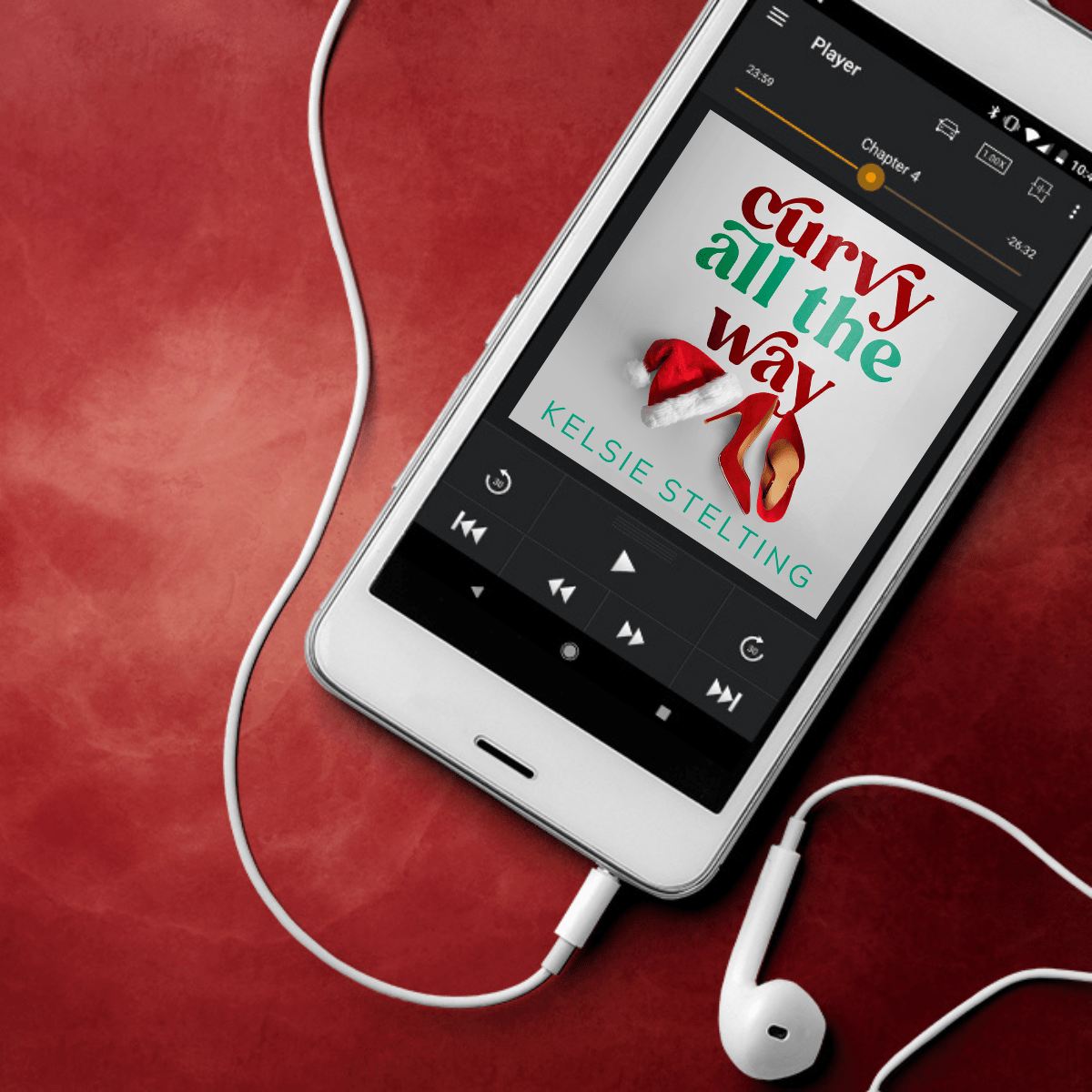 An audiobook cover on a phone  sits on a red background. The book is titled Curvy All the Way by Kelsie Stelting and features a santa hat and red heels on the cover