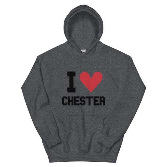 a dark heather hoodie that reads "I Heart Chester" in black letters, with a large red heart