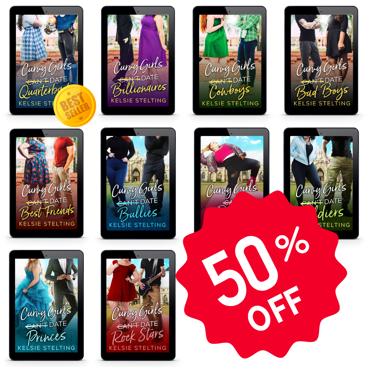 A large red sticker reads 50% OFF over digital copies of the Curvy Girl Club series by Kelsie Stelting