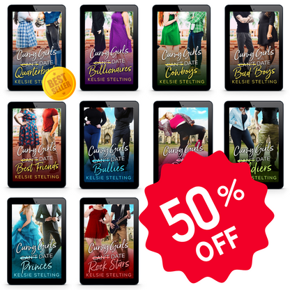 A large red sticker reads 50% OFF over digital copies of the Curvy Girl Club series by Kelsie Stelting
