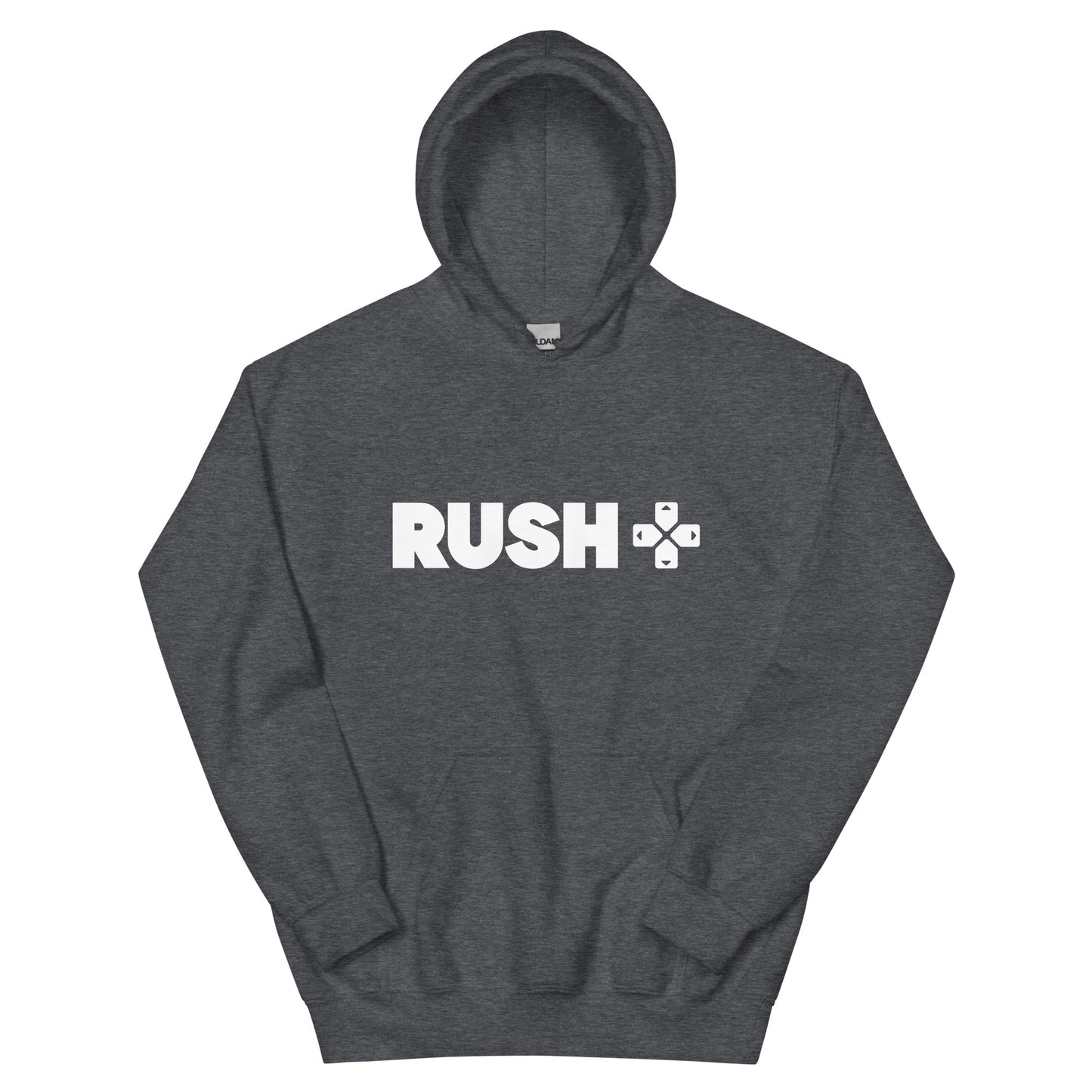 a dark heather hoodie with the Rush Logo. The Rush Logo says Rushin large letters with directional arrows next to it. 