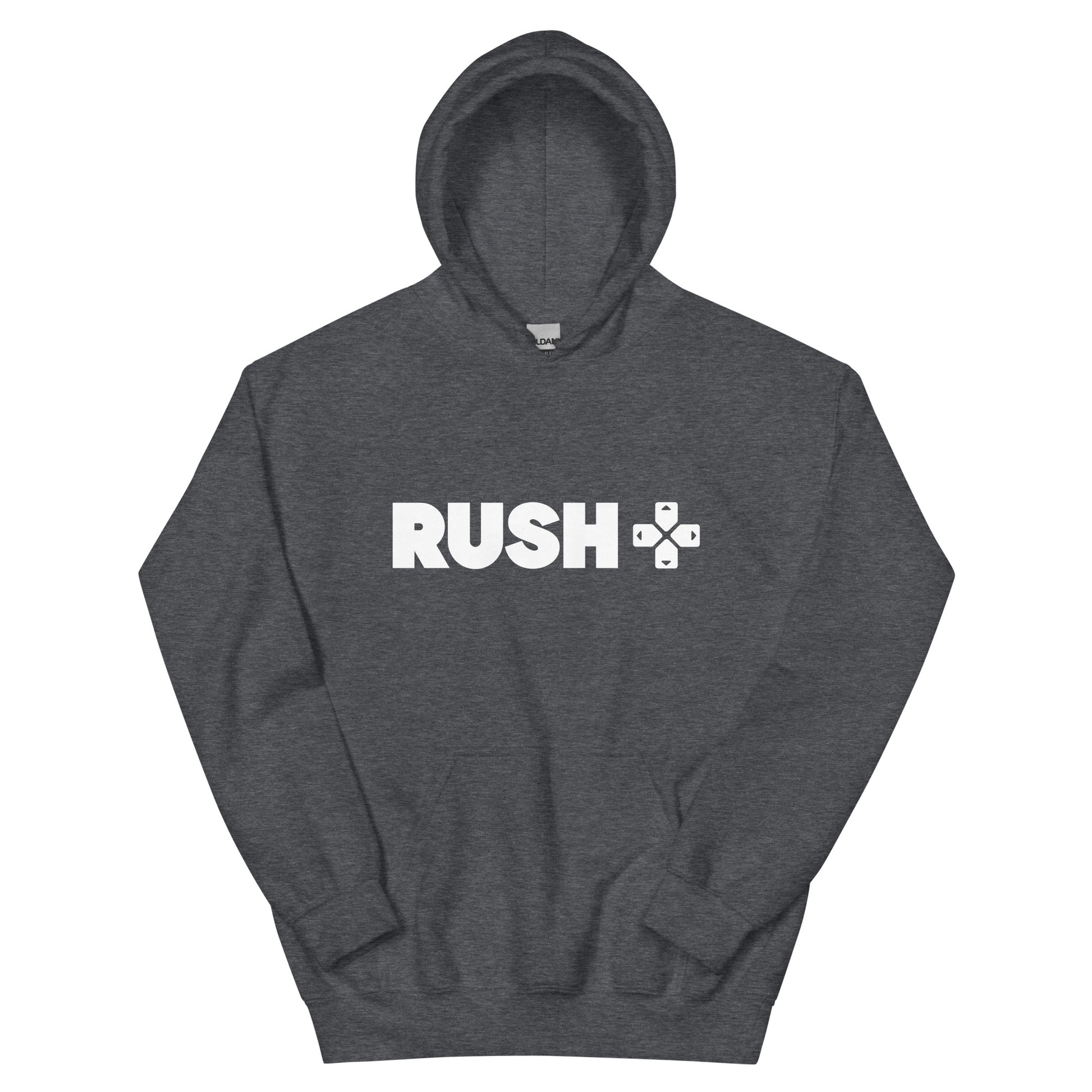 a dark heather hoodie with the Rush Logo. The Rush Logo says Rushin large letters with directional arrows next to it. 