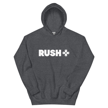 a dark heather hoodie with the Rush Logo. The Rush Logo says Rushin large letters with directional arrows next to it. 