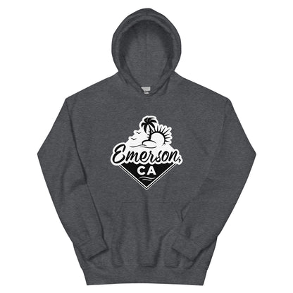 a dark heather hoodie with the Emerson, California logo. The Emerson, CA logo shows the words Emerson, CA underneath a beach, palm tree and the sun