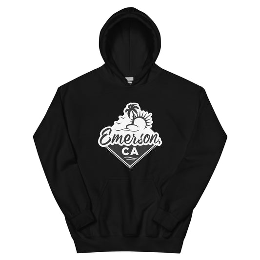 a black hoodie with the Emerson, California logo. The Emerson, CA logo shows the words Emerson, CA underneath a beach, palm tree and the sun