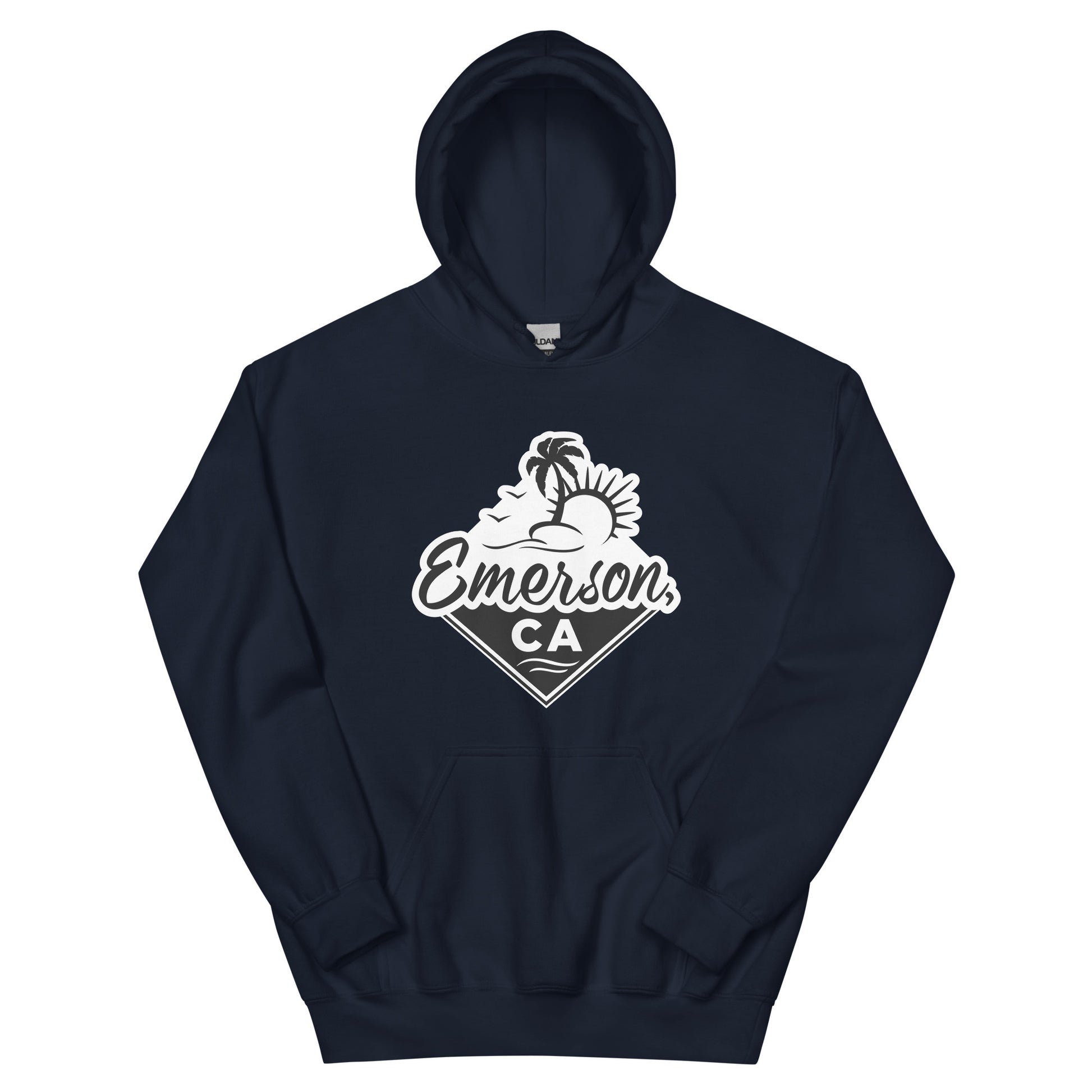 a navy hoodie with the Emerson, California logo. The Emerson, CA logo shows the words Emerson, CA underneath a beach, palm tree and the sun