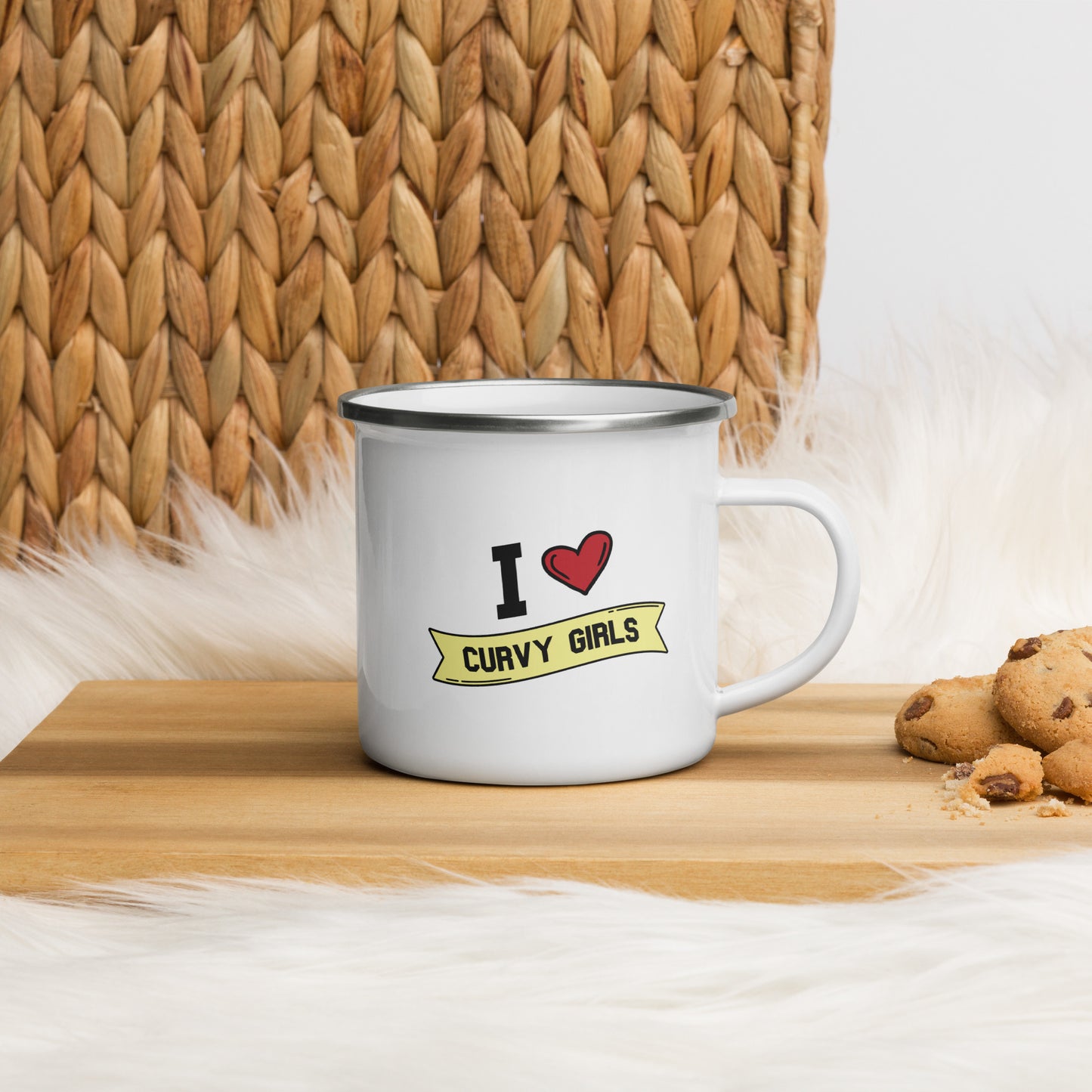 A white Enamel Mug that reads "I Heart Curvy Girls", Curvy Girls is in a yellow banner and the design features a large red heart.