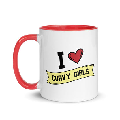White Ceramic Mug with Red Interior and red handle. Reads "I Heart Curvy Girls"