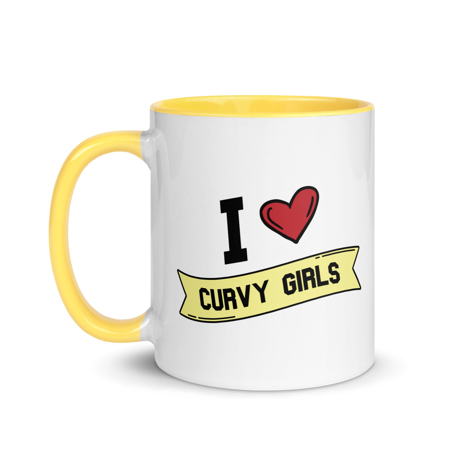A white ceramic mug with a yellow handle and interior that reads "I Heart Curvy Girls"