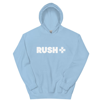 a light blue hoodie with the Rush Logo. The Rush Logo says Rushin large letters with directional arrows next to it. 