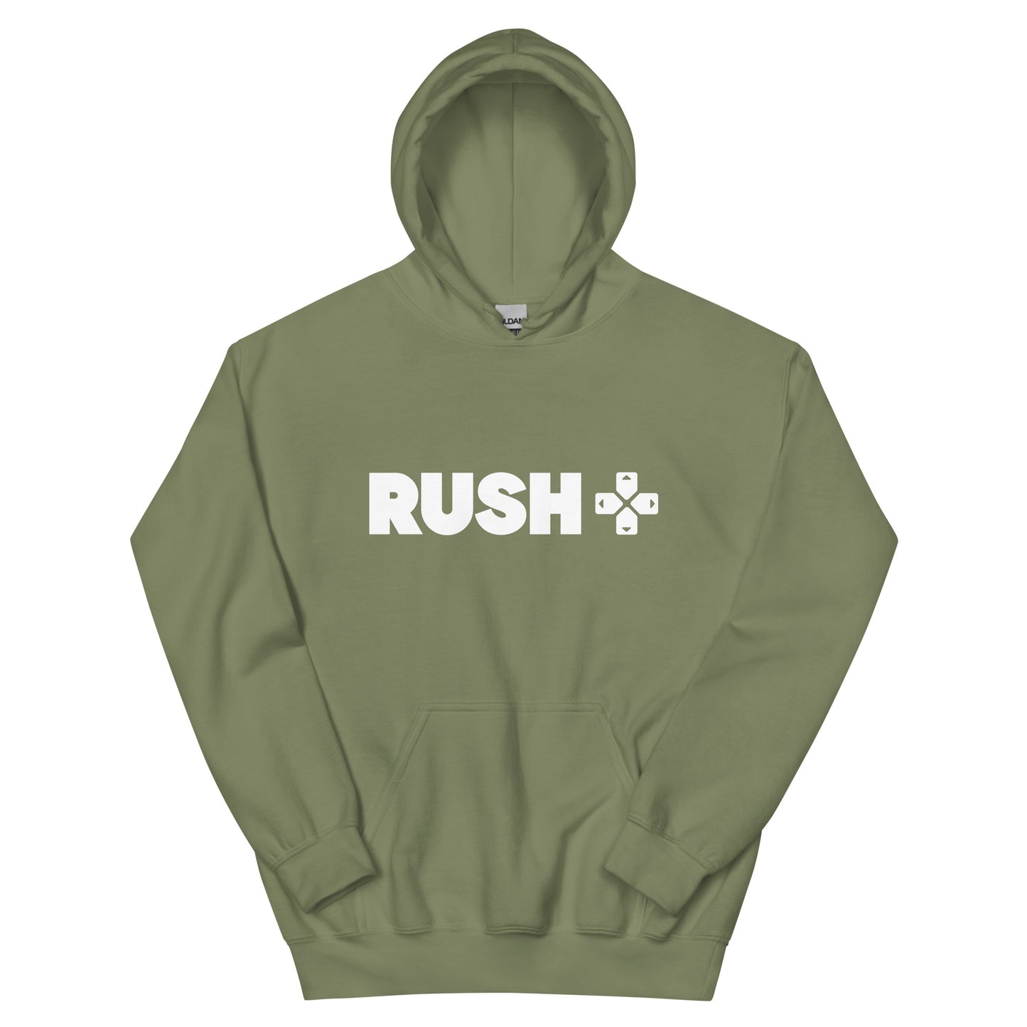 a military green hoodie with the Rush Logo. The Rush Logo says Rushin large letters with directional arrows next to it. 