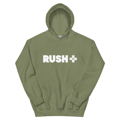 a military green hoodie with the Rush Logo. The Rush Logo says Rushin large letters with directional arrows next to it. 