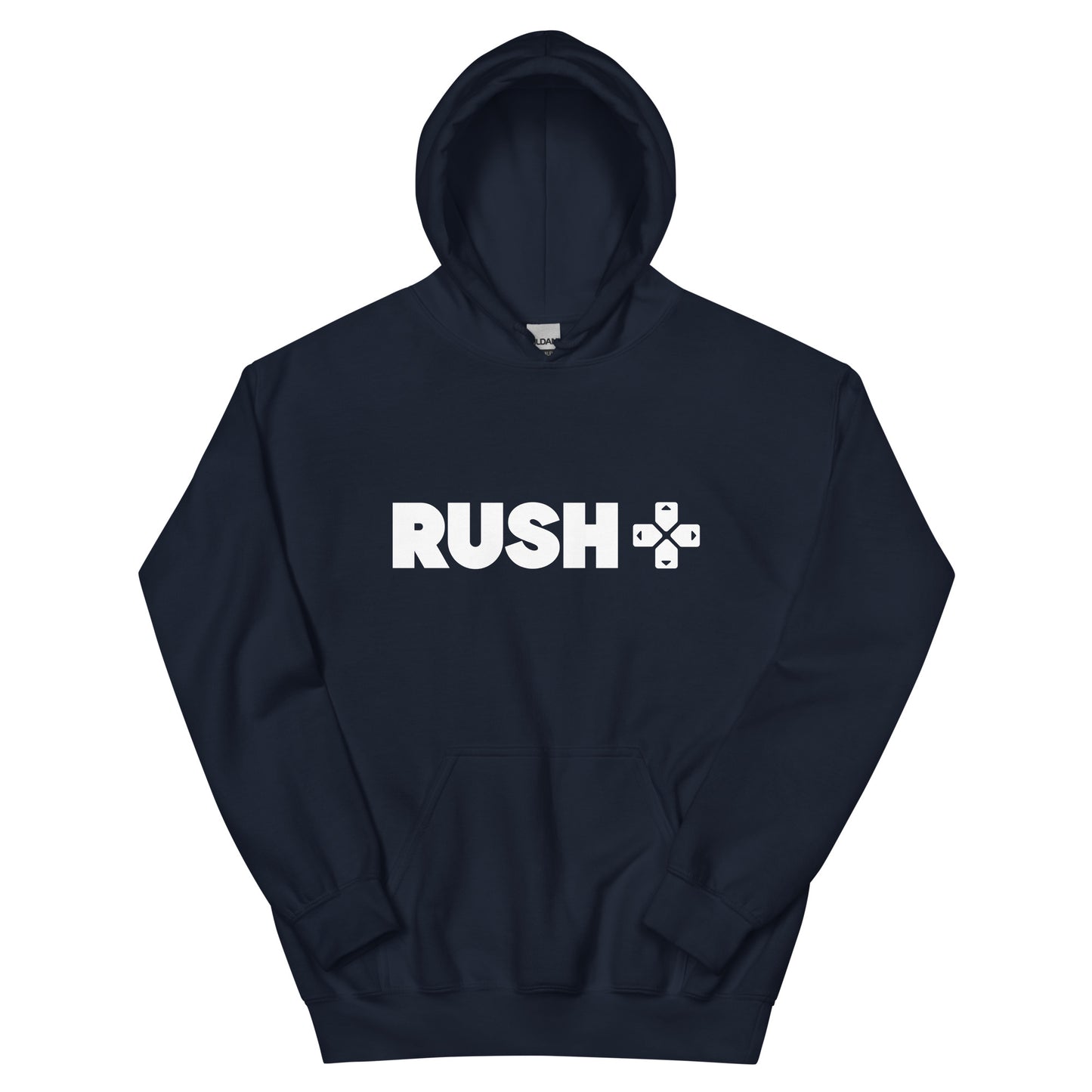a navy hoodie with the Rush Logo. The Rush Logo says Rushin large letters with directional arrows next to it. 