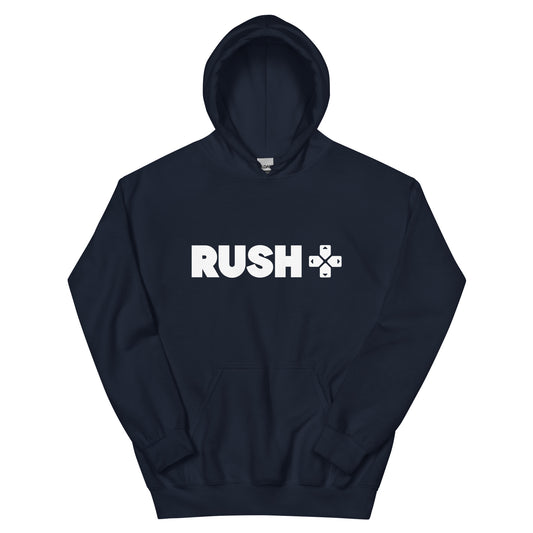 a navy hoodie with the Rush Logo. The Rush Logo says Rushin large letters with directional arrows next to it. 