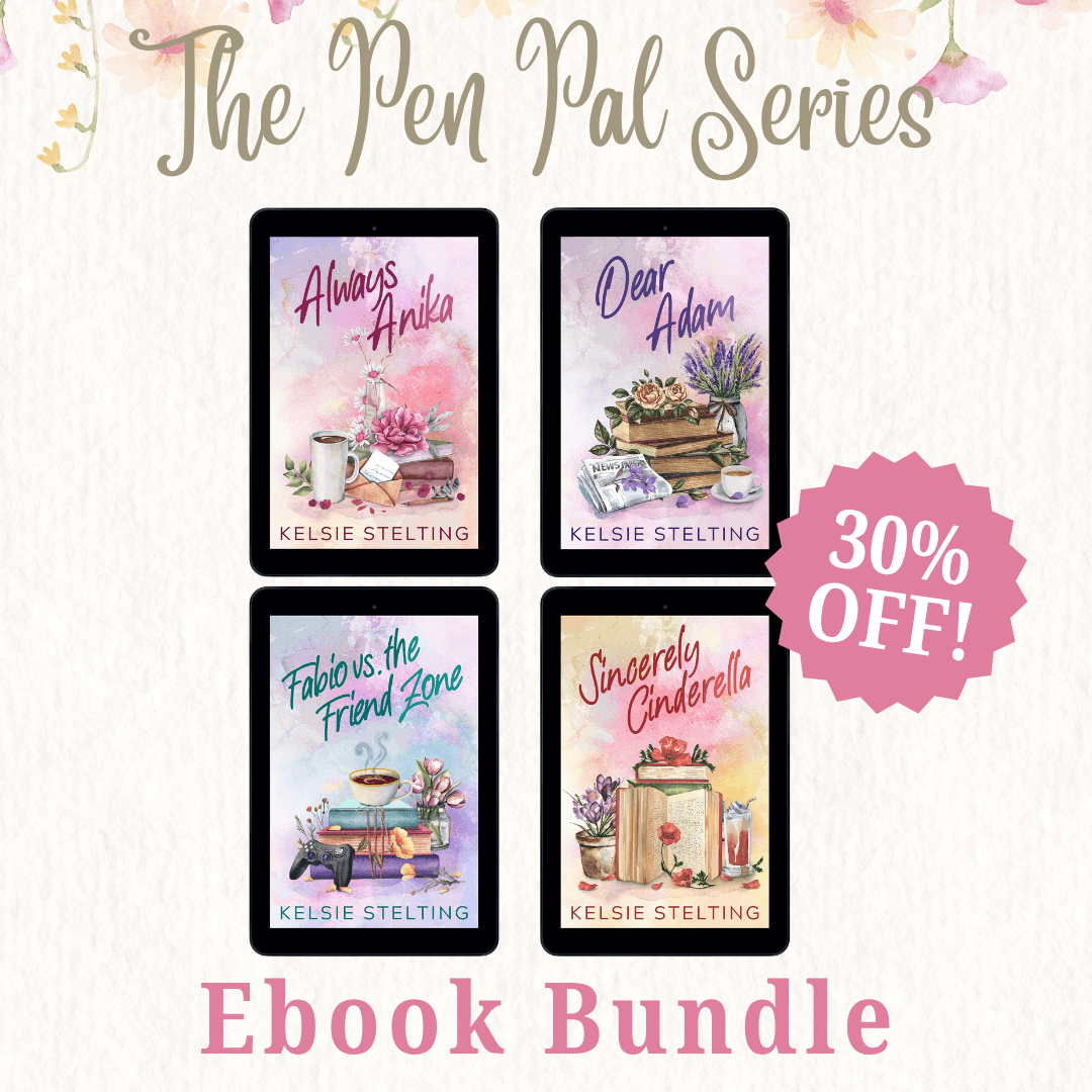 The Pen Pal Series by Author Kelsie Stelting, ebookBundle. The image shows 4 ebooks that are 30% off. The books are Always Anika, Dear Adam, Fabio vs. the Friend Zone and Sincerely Cinderella 