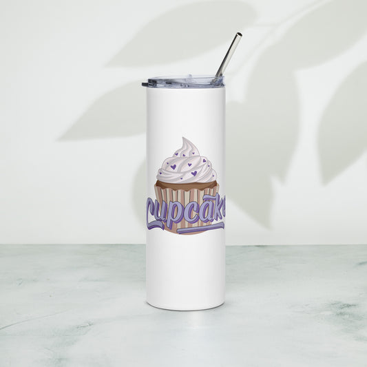 a white tumbler with a cupcake logo. The cupcake logo is a large cupcake covered in sprinkles, with cupcake written over it in pink block letters