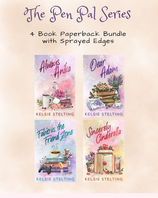 Four book covers from 'The Pen Pal Series' by Kelsie Stelling on a beige background.