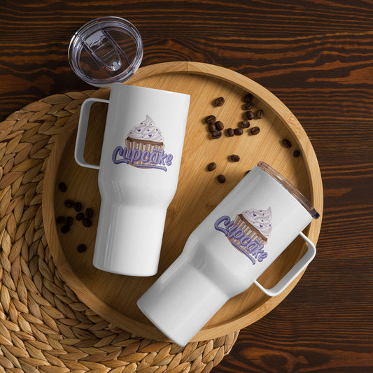 a white travel mug with a Cupcake logo. The cupcake logo is a large cupcake covered in sprinkles, with cupcake written over it in pink block letters